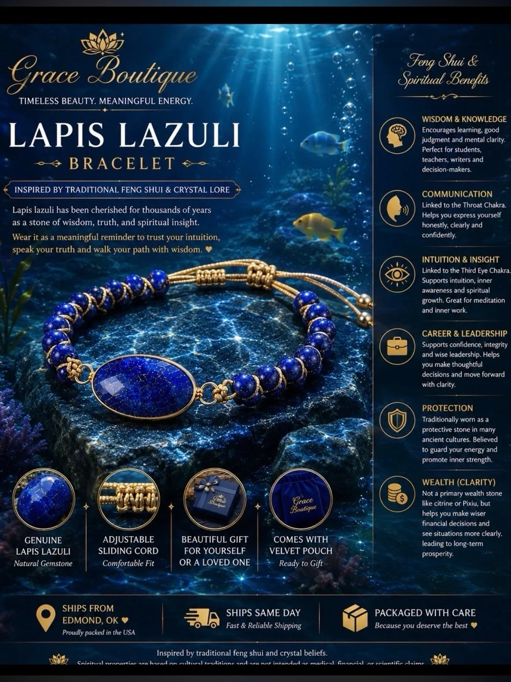 Natural Lapis Lazuli Bracelet - Blue Gemstone Bracelet
